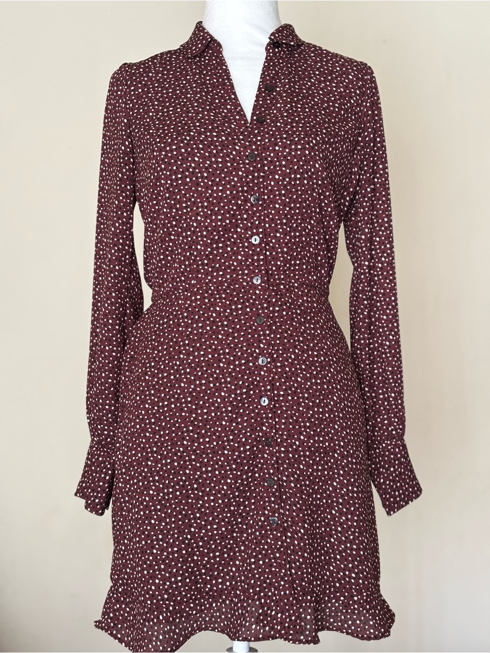 Abercrombie & Fitch Maroon Dot Button-Front Long Sleeve Mini Shirt Dress